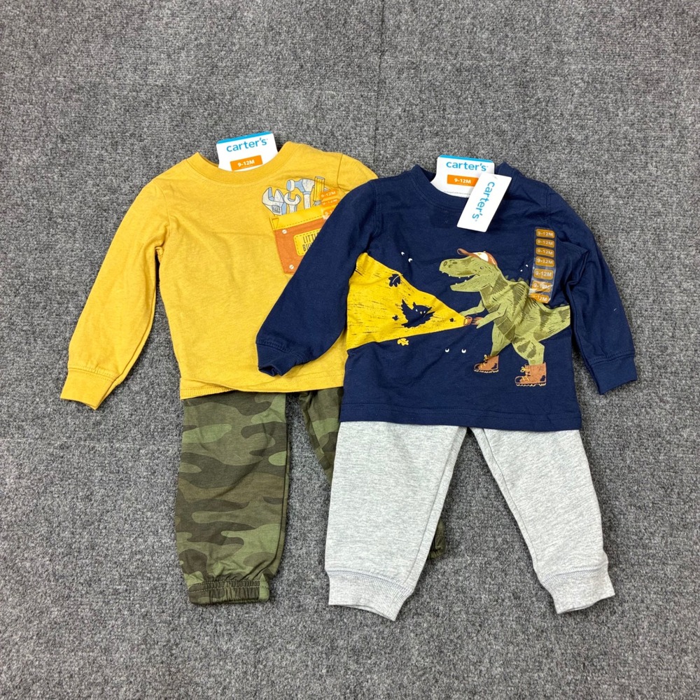 Carter's 2 Pack Baby Boys Size 9-12M Dinosaur Builder Shirt Pant Sets NEW